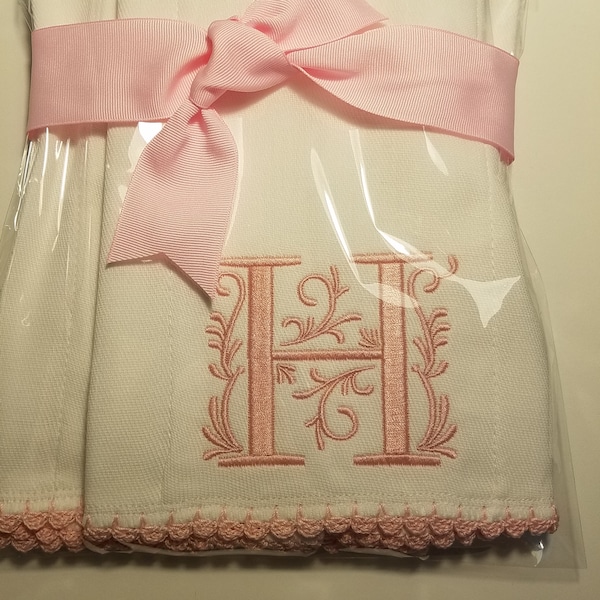 Baby Girl or Boy Burp Cloth, Pink, Burp Cloth, Hand Crocheted Edging, Monogrammed, Personalized, New Born Baby Gift, Baby Shower Gift Set,