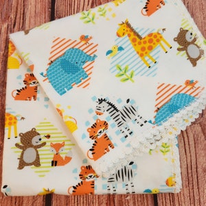 Personalized Zoo Animals Flannel Baby Blanket: Crocheted Edge