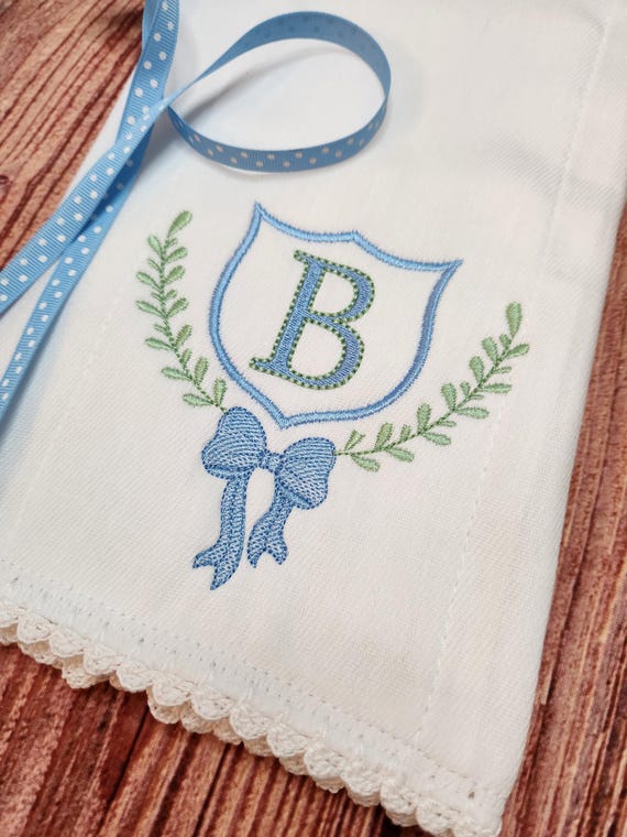 Personalized Baby Burp Cloth, Hand Crocheted Edging, Newborn Gift