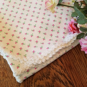 Baby Girl Pink Flannel Rosebud  Receiving Blanket, Heirloom, Crocheted Edging, Personalized Baby Gift, Baby Shower Gift, Monogram, Keepsake