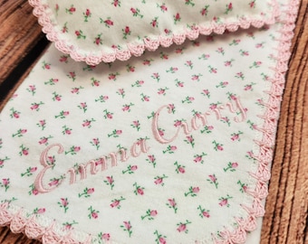 Handmade Doll Blanket and Pillow Set, Rosebud Flannel, Crochet Edging, Personalized