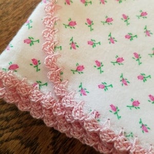 DOLL Blanket, 18x18, Pink Rosebud Flannel, Handmade Crocheted Edging, Personalized Gift, Collectors Blanket, Collectors