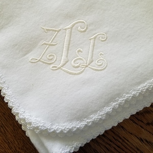 Personalized Christening Blanket: White Flannel with Crocheted Edging
