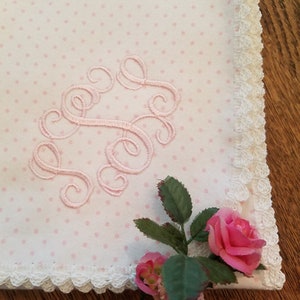 Personalized Baby Girl Blanket: Pink Polka Dot Flannel, Crocheted Edge