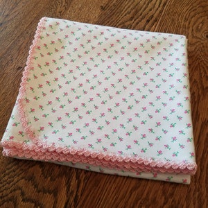 Baby Girl Pink Flannel Rosebud Receiving Blanket, Heirloom, Crocheted ...