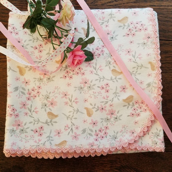 Baby Girl Pink Flannel Floral Receiving Blanket, Pale Pink, Birds, Crocheted Edging, Personalized Baby Gift, Baby Shower Gift, Monogram