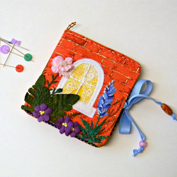 Appliqued and Embroidered Needle Book Red Brick House Window with Lily Violets Bluebonnet Flowers  Fabric and Felt Pin Case Keepsake Gift