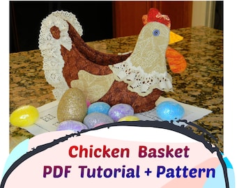 Tutoriel PDF sur le panier de poulet avec motif, projet de tissu bricolage de Pâques pour niveau de couture intermédiaire ou avancé, décor de table de poule de ferme