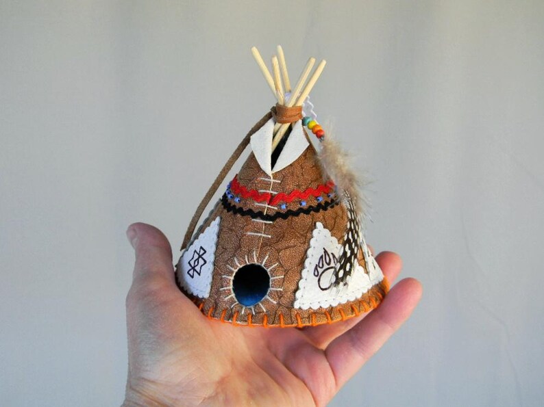Leather Tepee Christmas Tree Ornament, Hand Painted Leather Teepee