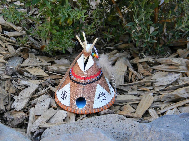 Leather Tepee Christmas Tree Ornament, Hand Painted Leather Teepee