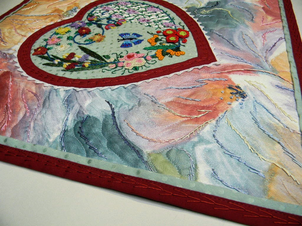 Colorful Heart Embroidered Art, Mini Wall Hanging Quilt, Brazilian ...