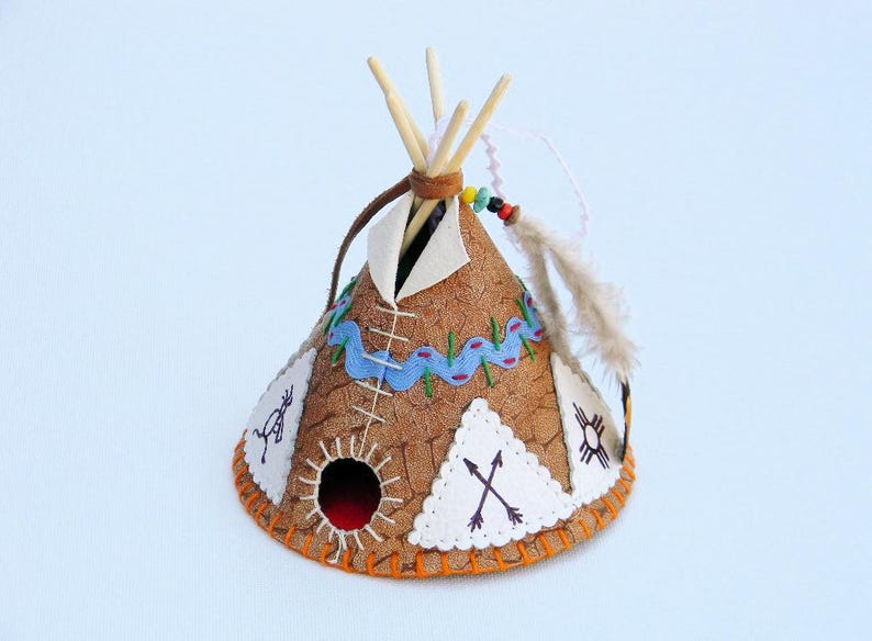 Leather Tepee Christmas Tree Ornament, Hand Painted Leather Teepee