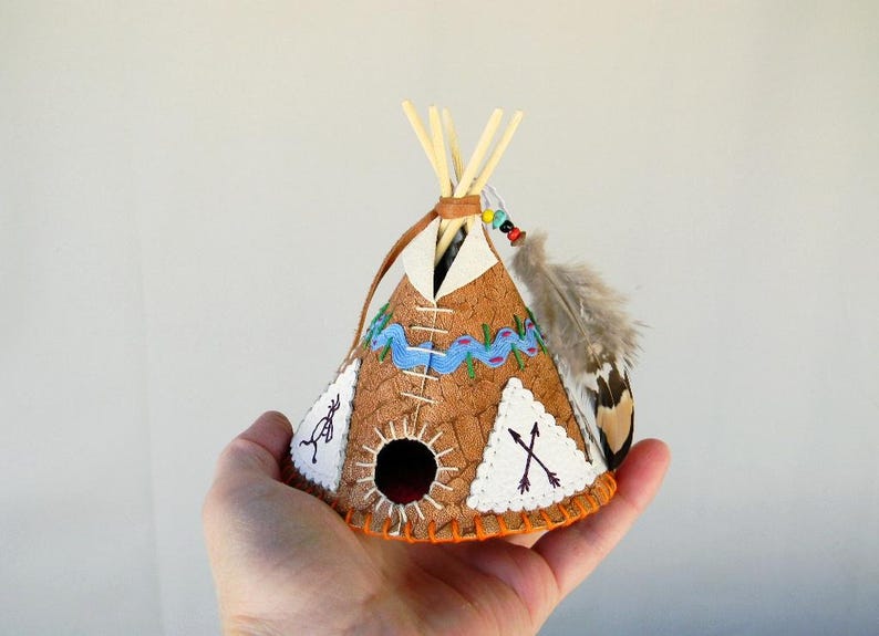 Leather Tepee Christmas Tree Ornament, Hand Painted Leather Teepee