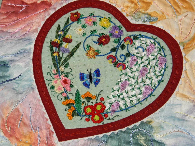 Colorful Heart Embroidered Art, Mini Wall Hanging Quilt, Brazilian ...