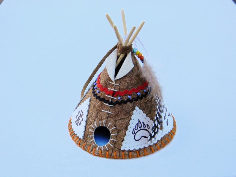 Leather Tepee Christmas Tree Ornament, Hand Painted Leather Teepee