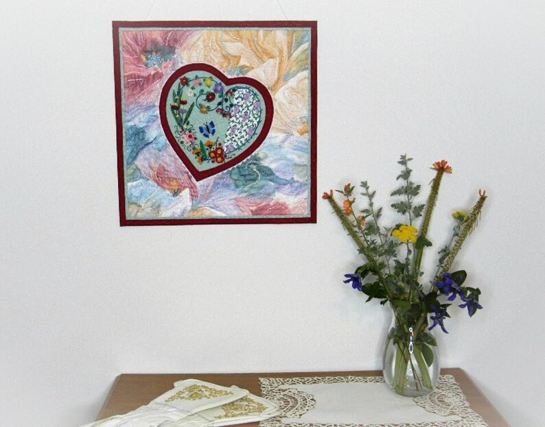 Colorful Heart Embroidered Art, Mini Wall Hanging Quilt, Brazilian ...