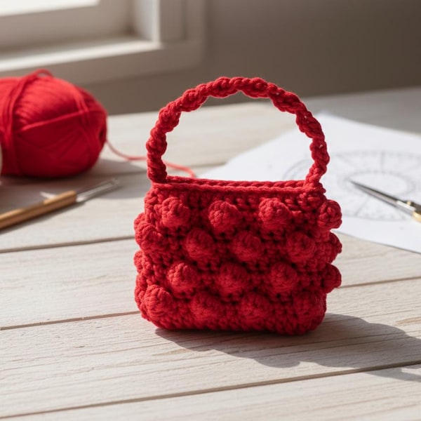 Bubbels tas voor klein meisje haakpatroon, rode portemonnee met bobbelsteek, handgemaakte kinderhandtas, schattige peutertas, cadeau-idee voor babymeisje
