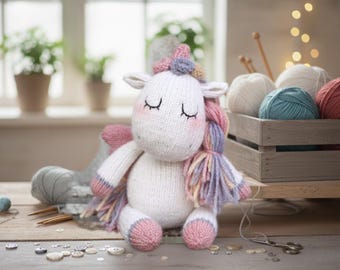 Colorful Unicorn Knitting Pattern, Knitted Unicorn Plush Toy with Rainbow Mane, Cute Stuffed Animal Doll, Magical Unicorn Digital Download