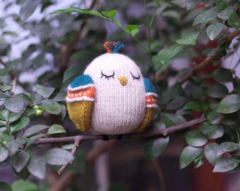 The Happy Bird Knitting Pattern, Cute Knitted Bird Plush Toy with Colorful Wings, Round Songbird Stuffed Animal, Digital Download