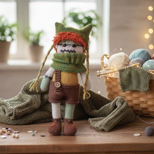Halloween Doll Knitting Pattern, Spooky Monster Doll with Orange Hair, Creepy Knitted Boy Toy, Halloween Plushie PDF Digital Download