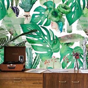 Bellissime foglie verdi di monstera e carta da parati ad acquerello di cactus, tema alla moda, decorazione da parete staccabile e incollabile, decorazione murale adesiva-riutilizzabile