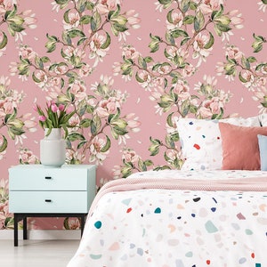 Pink blooming flowers wallpaper, Peel & Stick, Self Adhesive Removable Wall Mural