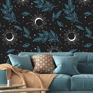 Tapete, dunkle, kosmische Tapete, Mond und Sterne im Celestial Print, blaues Blattmuster | Schälen und aufkleben (selbstklebend) oder nicht klebendes Vinylpapier