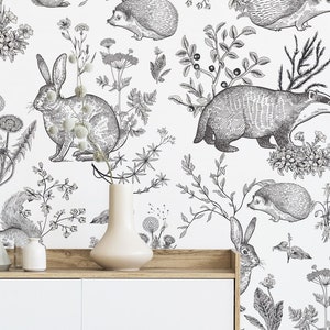 Forest animals wallpaper, monochrome, squirrel, hedgehog, rabbit, herbs* | self-adhesive, removable, peel and stick nursery and kids mural