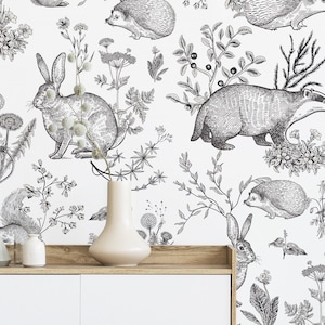 Forest animals wallpaper, monochrome, squirrel, hedgehog, rabbit, herbs* | self-adhesive, removable, peel and stick nursery and kids mural