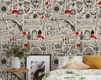 Papel de parede com símbolos místicos, escrita alquímica bege, mural autoadesivo.