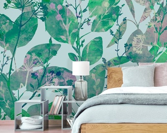 Papel pintado de hojas verdes de acuarela* / mural de pared autoadhesivo, extraíble y autoadhesivo