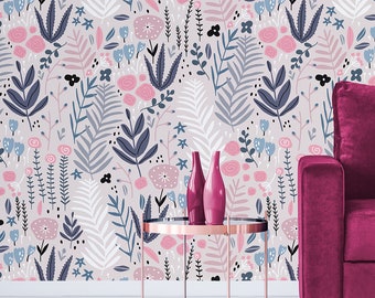 Pink Floral Peel and Stick Wallpaper, Girly Removable Wall Mural