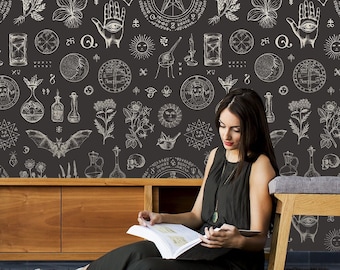 Dark Mystic Symbols Wallpaper, Self-Adhesive Removable Wall Mural