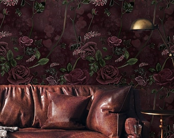 Dark Burgundy Rose Wallpaper | Abstract Floral Peel and Stick Mural