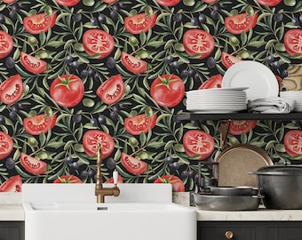 Tomaten- en olijvenbehang, keukenrestaurantdecor, schil en plak of niet-klevend vinyl