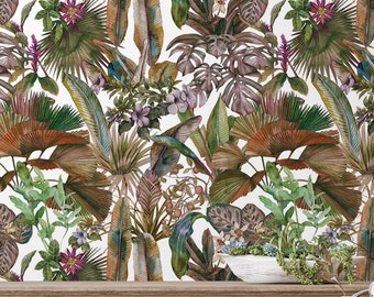 Vintage Tropical Watercolor Wallpaper, Tropical Leaves Wall Mural | Peel and Stick (Self Adhesive) or Non Adhesive Vinyl Paper