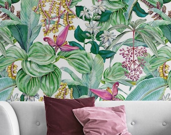 Watercolor Green Tropical Wallpaper, Tropical Leaves Wall Mural | Peel and Stick (Self Adhesive) or Non Adhesive Vinyl Paper