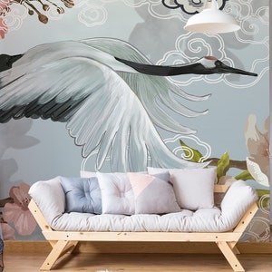 Oriental wallpaper with cherry blossom and flying bird, self adhesive, peel and stick floral wall mural