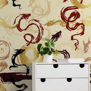 Carta da parati con motivo drago disegnato astratto, murale in stile Art Déco giapponese* / Stacca e incolla (autoadesivo) o carta vinilica non adesiva