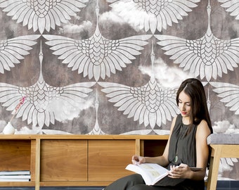 Bird Cloud Wallpaper Mural, White & Brown, Peel and Stick
