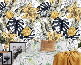 Tropical hibiscus and pineapple pattern wallpaper | self-adhesive, removable, peel and stick wall mural