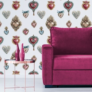 Art-Deco-Herzen Weiß Wallpaper, Abstraktes Wandbild | Abziehen und aufkleben (selbstklebend) oder nicht klebendes Vinylpapier