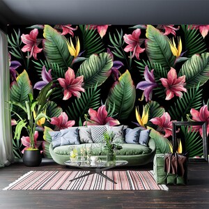 Tropical wallpaper, Watercolor flowers and leaves | self-adhesive wallpaper, removable, peel & stick wall mural, wall decor