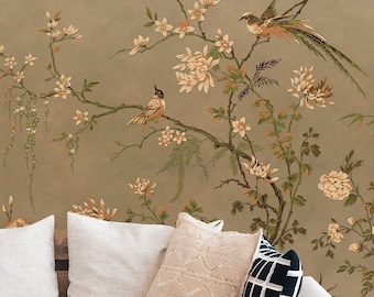 Light brown chinoserie style wallpaper, birds and blooming branches mural | self-adhesive, removable, peel & stick wall mural