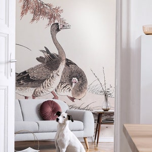 Tapete mit Vögel, Gänse, Gemälde Wandbild | Schälen und aufkleben (selbstklebend) oder nicht klebendes Vinylpapier
