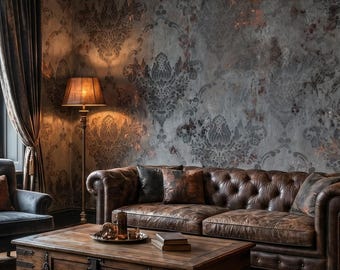 Gray Damask Wallpaper, Grunge Art Deco Wall Mural, Home Decor, Peel and Stick or Traditional Vinyl