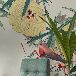 Vogel und Hibiskus Blume tropische Tapete, exotische Blätter, botanisches Wandbild | Abziehen und aufkleben (selbstklebend) oder nicht klebendes Vinylpapier