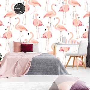 White wallpaper with vector pink flamingo bird pattern | self-adhesive, removable, peel & stick wall mural