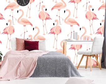 White wallpaper with vector pink flamingo bird pattern | self-adhesive, removable, peel & stick wall mural