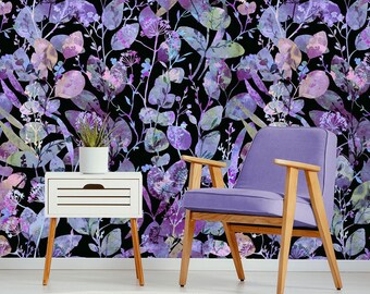 Papier peint aquarelle feuilles violettes* | Papier peint autocollant, amovible, autocollant